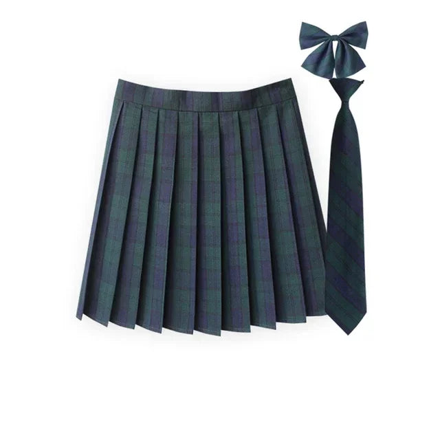 Women Summer Plaid Pleated Skirt With Necktie Bowtie Korean Jk Skirt Uniform Japanese School Preppy A Line Mini Skirts