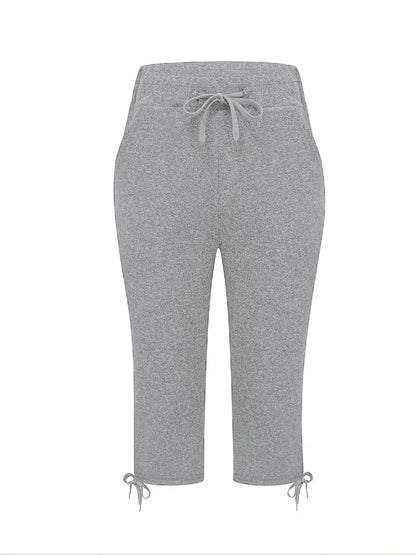 Plus size spring/summer/autumn stretch seven point jogging pants for women, with drawstring at the waist - fashionable pure blac