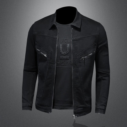 Men's High-Quality Fashion Handsome Trend Classic Denim Jacket Black Gold Zipper Biker Multi-Zip Winter Snow Jacket