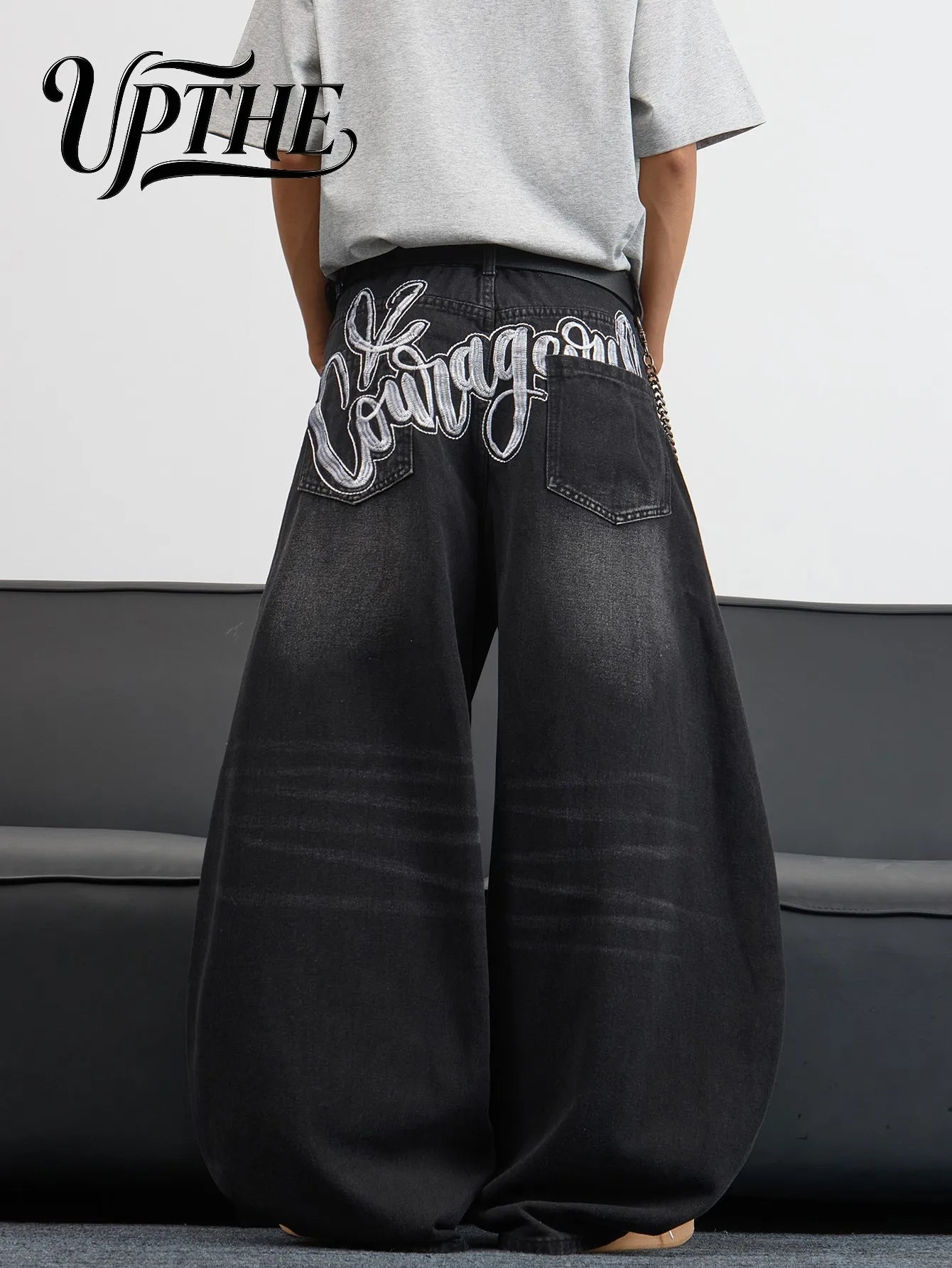 UP.THE Men's Black Baggy Wide Leg Jeans, Y2K Hip Hop Streetwear Denim Pants with Back Embroidery,
