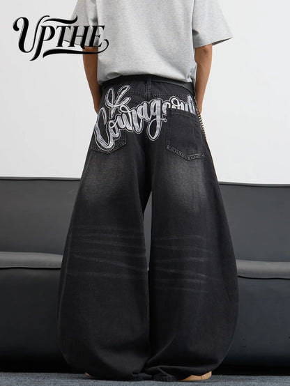 UP.THE Men's Black Baggy Wide Leg Jeans, Y2K Hip Hop Streetwear Denim Pants with Back Embroidery,