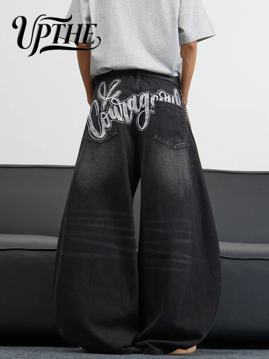UP.THE Men's Black Baggy Wide Leg Jeans, Y2K Hip Hop Streetwear Denim Pants with Back Embroidery,