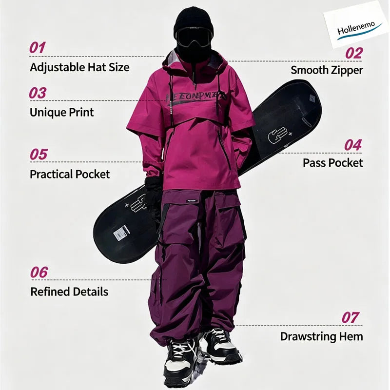 Men Women Winter Ski Snowboard Pants Cargo Multi‑Pocket Waterproof Windproof Drawstring Waist Adjustable Cuff Purple SnowTrouser