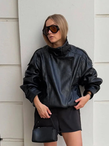 HH Women Autumn Elegant Street Style Coats Woman Asymmetric Button Pocket Long Sleeves Black Loose Zipper Slim Jackets