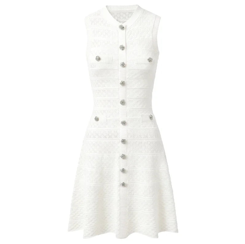 ZJYT New Summer Women's Sleeveless Knit Dress Elegant Sweet Pink Casual Party Mini Short Dresses Female Knitwears with Buttons