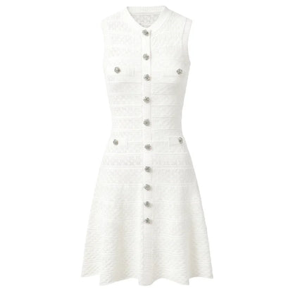 ZJYT New Summer Women's Sleeveless Knit Dress Elegant Sweet Pink Casual Party Mini Short Dresses Female Knitwears with Buttons