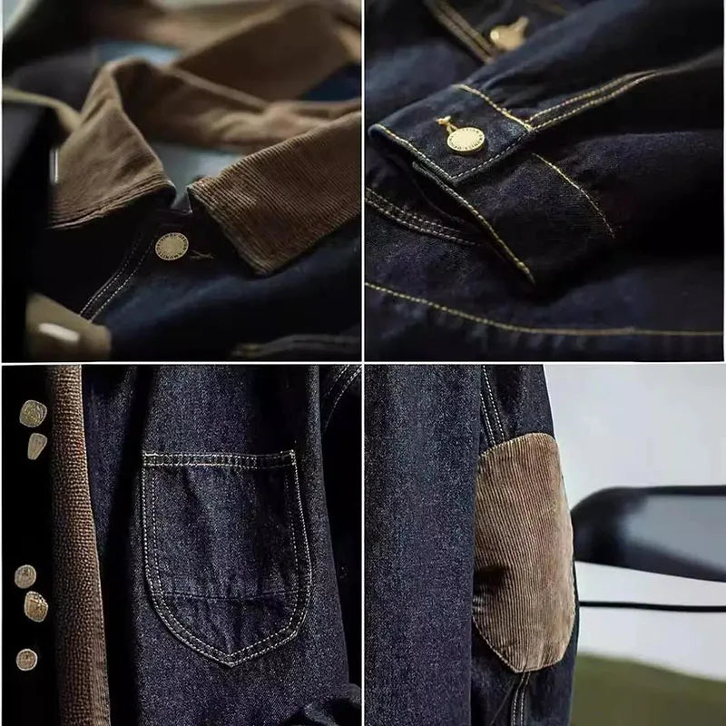 Spring And Autumn Denim Workwear Retro Hunting Jacket Denim Hardman Jacket Casual Loose Men'S Collar Denim Jacket