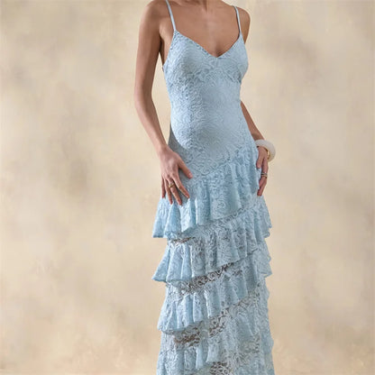 Sexy V Neck Lace Cami Tiered Ruffle Dress Women Slim Fit Maxi Evening Gown Holiday Party Formal Dress