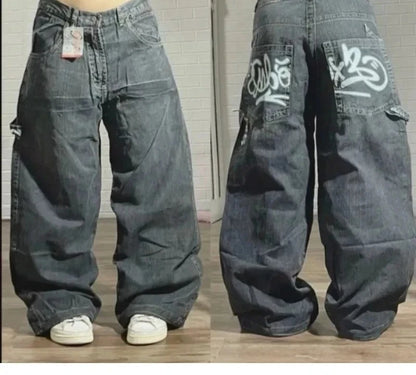 Vinatge Popular Casual Wild Letter Embroidered Baggy Jeans Women Y2K Gothic High Waist Straight Wide Leg Trousers