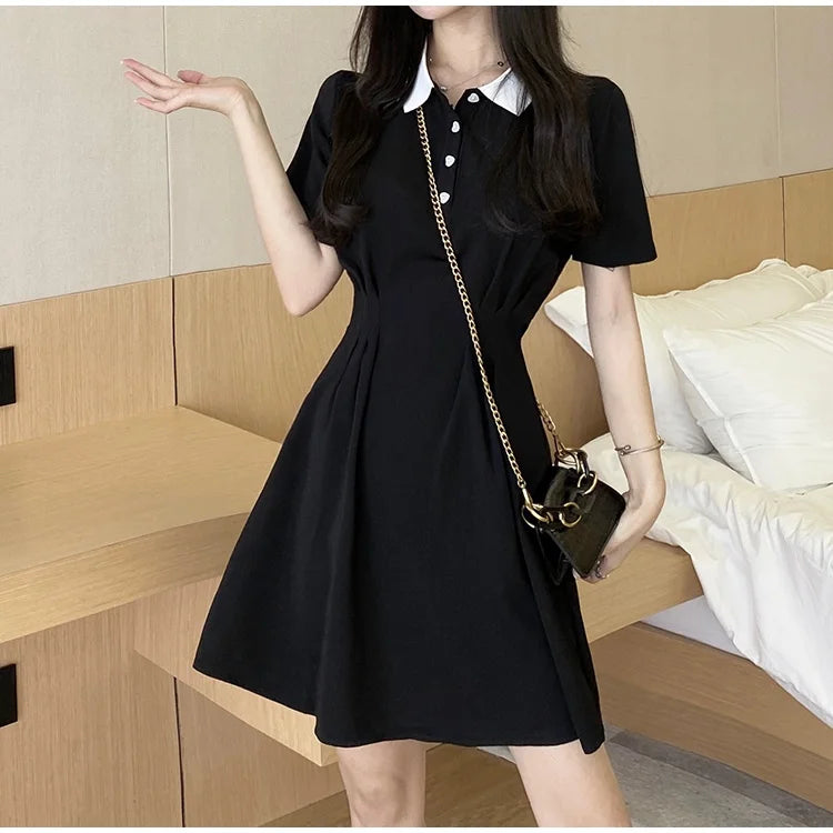 Women's Contrast Collar Polo Dress Summer Short Sleeve Button Front A Line Casual Mini Dress