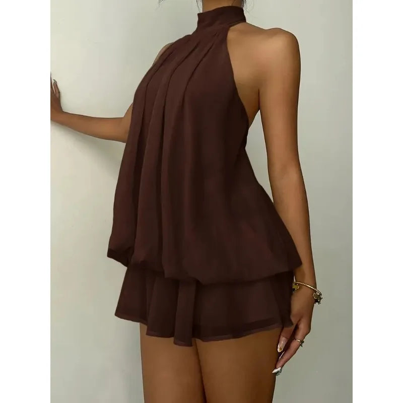 2026 Women's Elegant Halter Neck Sleeveless Ruffled Layered Chiffon Mini Dress Casual Summer Party Dress for Beach Vacation Y2K