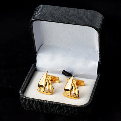 Fashion Sailing Boat Cufflinks Gold Metal Cuff Button White Blue Enamel Jewelry For Men Suit French Shirt Business Groom Gifts