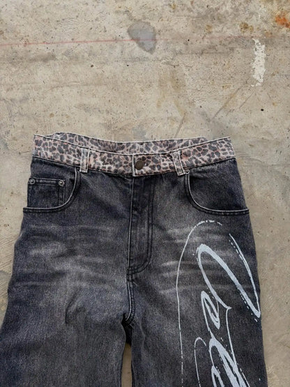 Y2K Jeans Mujer Harajuku Retro Womens Clothing 2000s American Casual High Waist Straight Wide Leg Leopard Print Hem Jeans