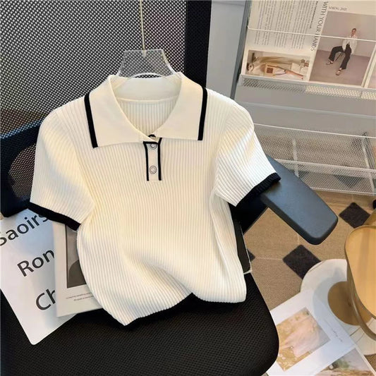 Smvp Ice silk knitted short sleeved T-shirt for women's summer 2024 new fashionable and stylish polo shirt top