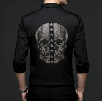 2026 Spring Autumn Luxury Men Streetwear Shirt Shiny Rhinestone Design Loose Natural Silk Casual Long Sleeve Shirt