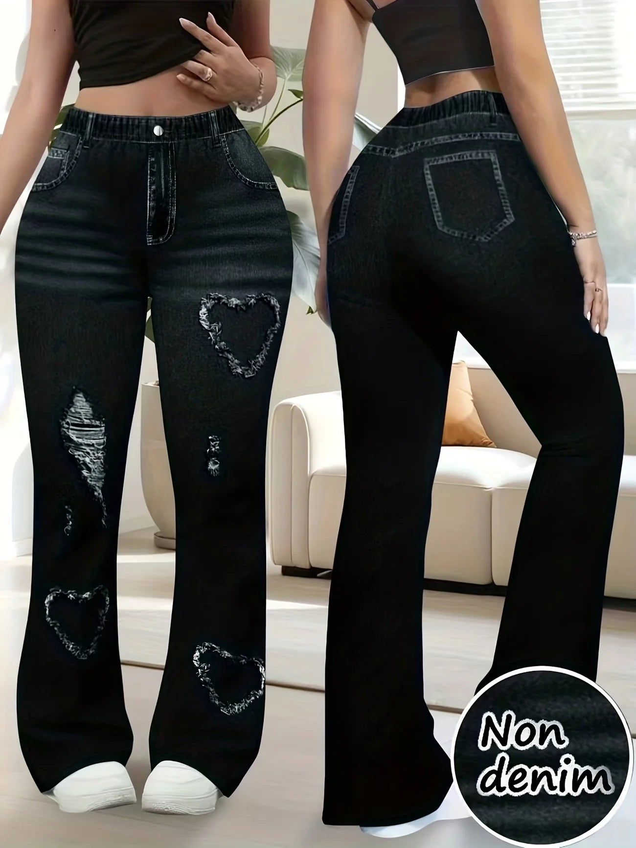 Retro Plus Size Flare Pants, Y2K Heart Print Bell Bottom Leggings, High Waist Stretchy Chic Trousers for Streetwear