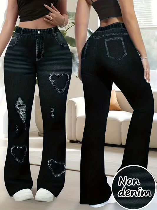 Retro Plus Size Flare Pants, Y2K Heart Print Bell Bottom Leggings, High Waist Stretchy Chic Trousers for Streetwear