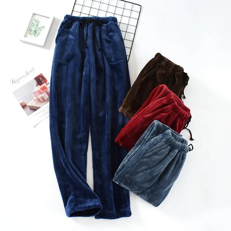 Autumn and Winter Thickened Flannel Pajama Bottoms Pants Men's Thickened Coral Fleece Loose Large Size Warm Homewear Pants