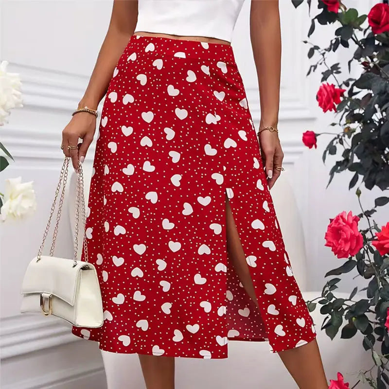 Fairyshely Casual Red Heart Print Long Skirt For Women 2026 Summer Split High Waist Midi Skirt Lady Elegant A line Loose Skirt