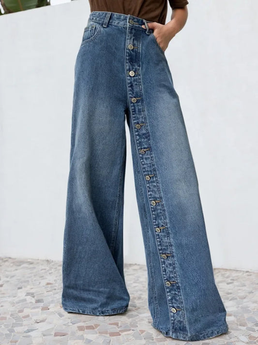 2026 New Women's Wide Leg Denim Pants Vintage Blue Washed Single-Breasted High Waist Retro Loose Jeans Casual Streetwear Bottoms