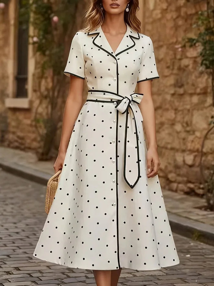 Vintage French Style Polka Dot V Neck Summer Dress Slim Waist Tie Belt Midi A-Line Flared Casual Outfit