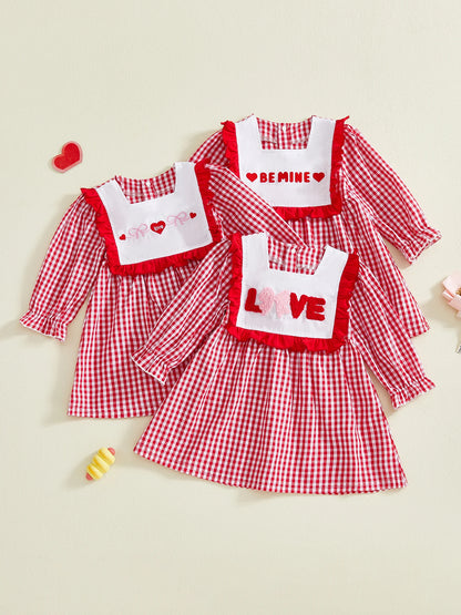 Baby Girl Valentine s Day Dress Red Heart Print Long Sleeve Square Neck Plaid Dress Holiday Outfit Toddler Princess Costume