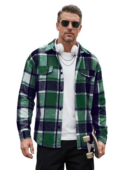 Men's Plaid Flannel Shirt Long Sleeve Button Down Casual Shacket with Flap Pockets Autumn Winter Streetwear Top