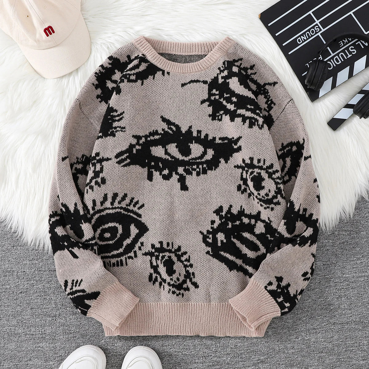 New Trendy Autumn and Winter Abstract Eye Jacquard Pattern Pullover Sweater Casual Round Neck Knitted Men's Pullover