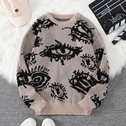 New Trendy Autumn and Winter Abstract Eye Jacquard Pattern Pullover Sweater Casual Round Neck Knitted Men's Pullover