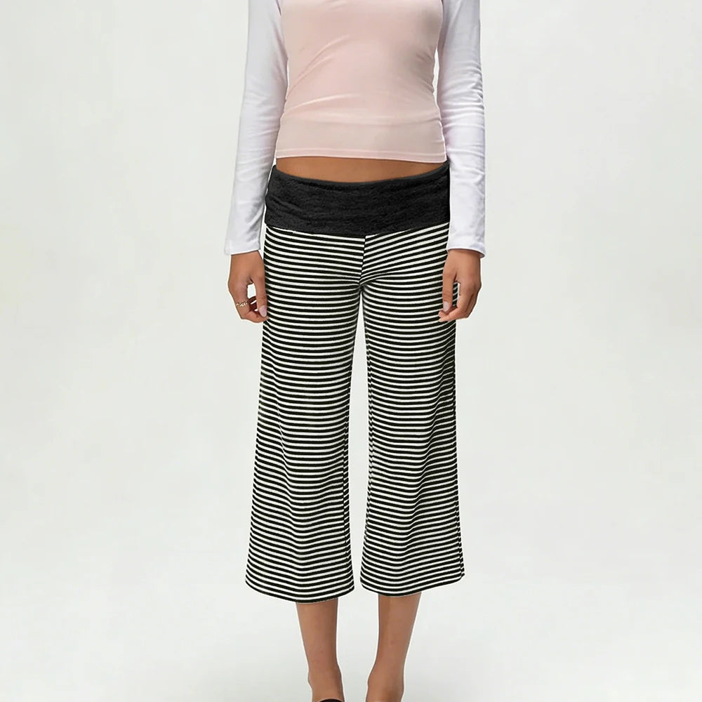 Women Vintage Fold Over Waist Gaucho Pants Low Rise Cropped Wide Leg Capri Pants y2k Foldover Culottes Yoga Pants Pajama Bottoms