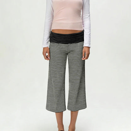 Women Vintage Fold Over Waist Gaucho Pants Low Rise Cropped Wide Leg Capri Pants y2k Foldover Culottes Yoga Pants Pajama Bottoms