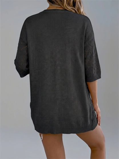 Hollow Out Knit Cardigan Short Sleeve Solid Color Summer Beach Lightweight Top