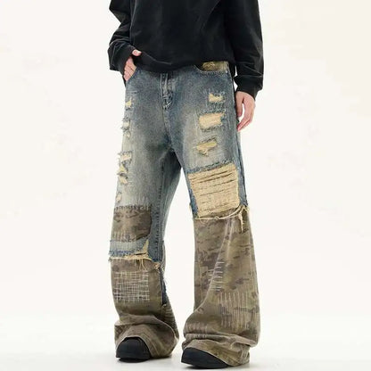 New 2026 High Street Men's Jeans Crewel Embroidery Camouflage Patchwork Hole Design Niche Washing Baggy Male Denim Pants