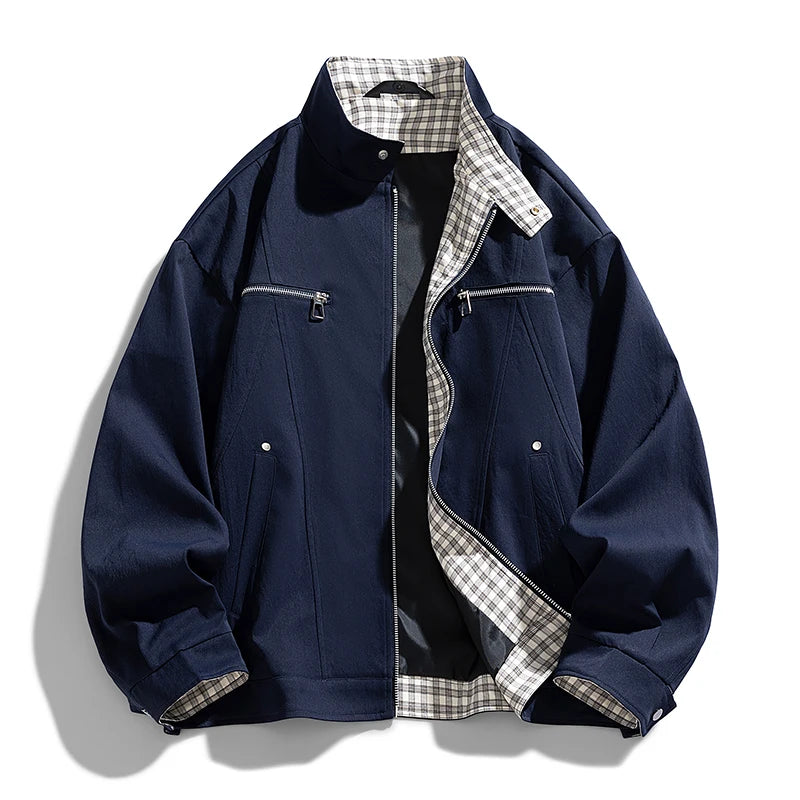 Men's Stand-Collar Casual Jacket – Solid Color Loose Fit Zip-Up Windbreaker with Plaid Lining Streetwear Outerwear