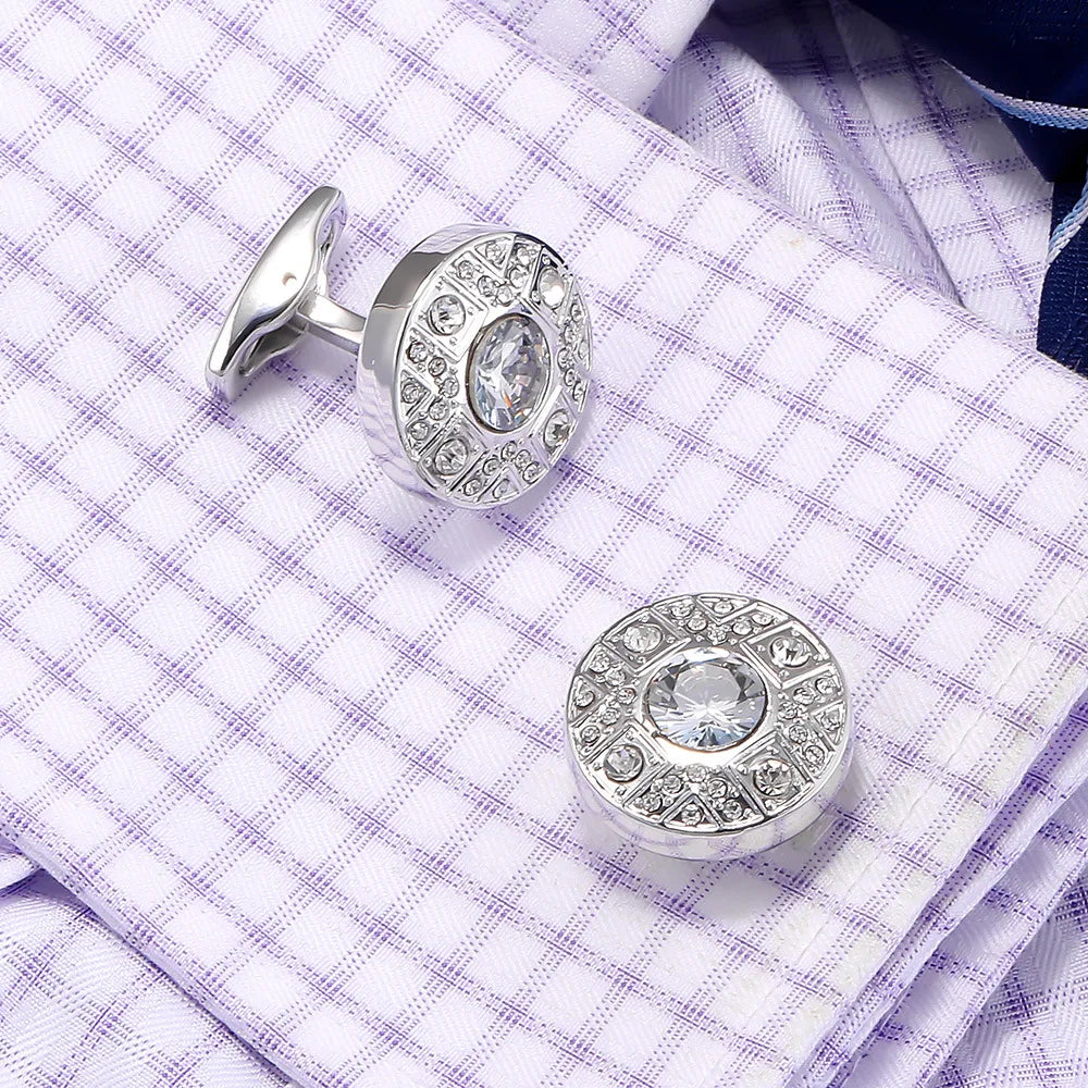 High Quality French Men’s Shirt Silver Plated Cufflinks Wedding Gifts Jewelry Enamel Crystal Groom Buttons Luxury Father Favors