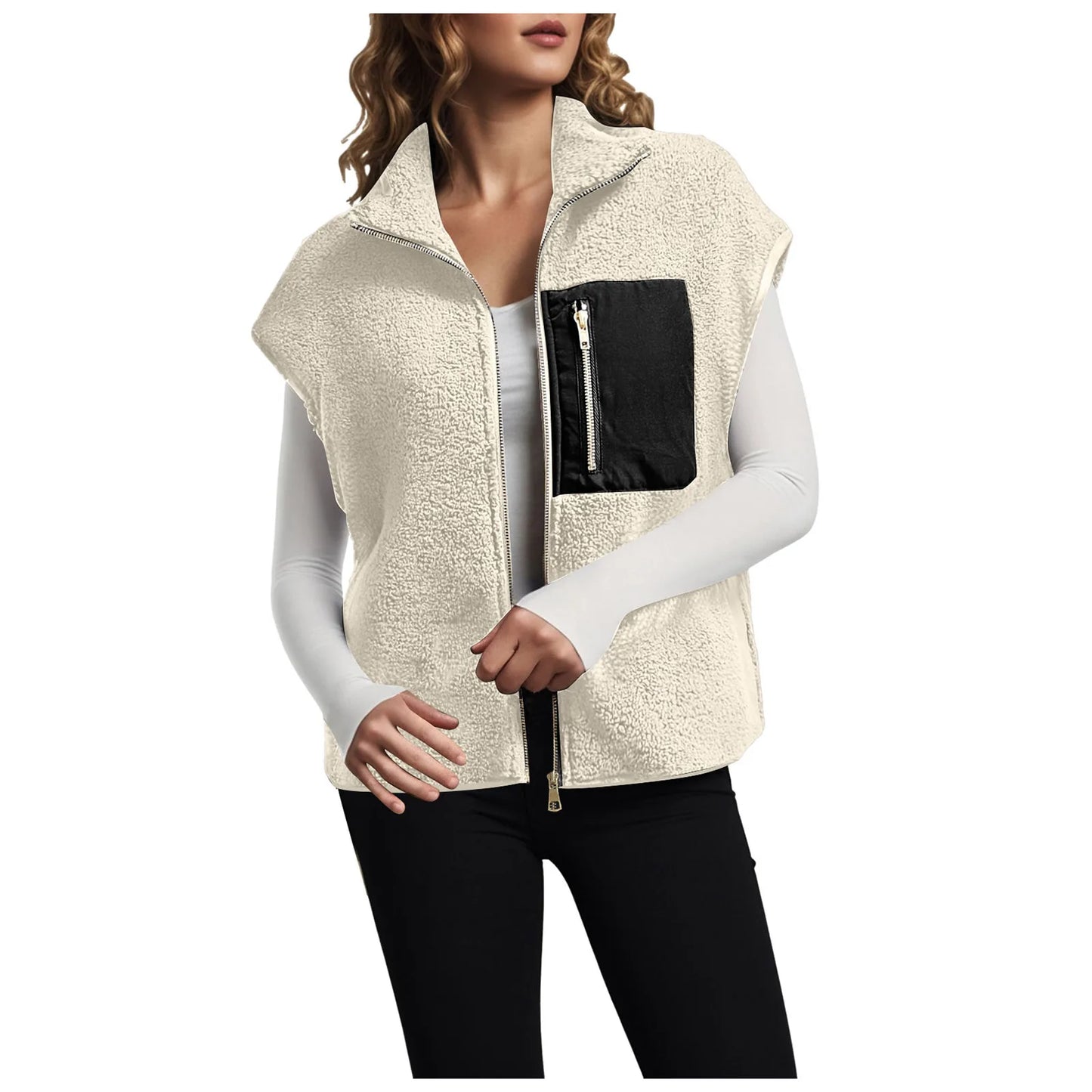 Women's Fleece Vests Sleeveless Jackets Casual Warm Cardigan Sweatshirts With Front Zipper Pockets Stand Collar Simple Outerwear
