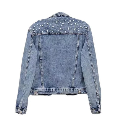 Blue Black Denim Jacket Woman Denim Coat Turn Down Collar Single Breasted Beaded Pearl Loose Casual Regular Short Jacket