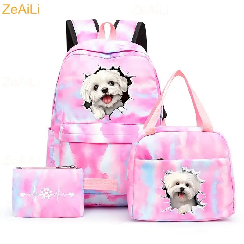 3pcs White Puppy Maltese Dog Colorful Backpack with Lunch Bag for Women Student Teenagers Rucksack Casual School Bags Sets