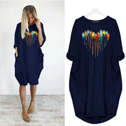 Women's Spring and Summer Footprint Heart Printed Casual Fashion Loose Large Size Long Sleeve Pocket Dress