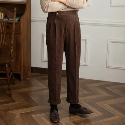 Classics Italian Naples Style Men's Suit Corduroy Pants Men High Waist Straight Work Formal British Business Brand Trousers Male