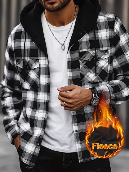 Men's Plaid Sherpa-Lined Hooded Jacket, 2025 New Winter Warm Fleece Loose Fit Long Sleeve Coat, Casual Outdoor Zip Up
