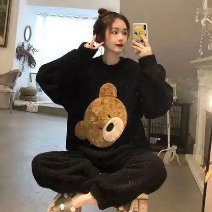 Fleece Thick Warm Women's Pajamas Set Winter Sleepwear Casual Solid Top and Plaid Pants Soft Pijamas Set for Women Home Suit