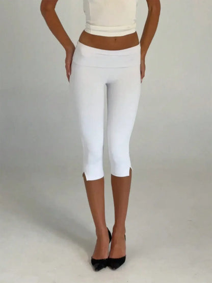 Women's Y2K Low Waist White Capri Leggings Fold Over Waistband Split Hem Solid Color Slim Fit Stretchy Cropped Leggings Buttery