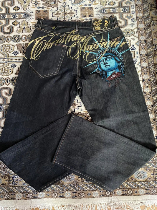 2000s Vintage Statue of liberty Diamonds Jeans Casual Denim Pants High Waist Straight Wide Leg Jeans