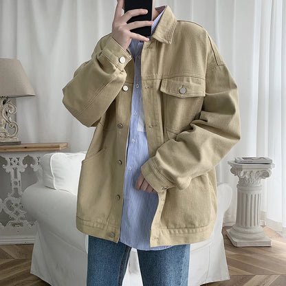 2026 New Steetwear Red Mens Jean Jackets Turn Down Collar Multi-pockets Denim Coats Overalls Loose Casual Men Clothing Outwear