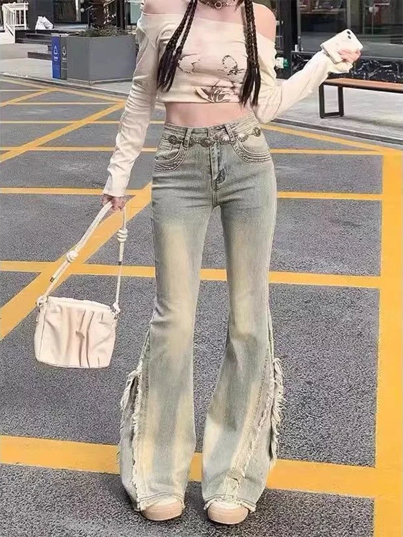 Women Vintage Blue Jeans High Waist American Retro 90s Raw Material Edge Design Y2k Denim Pants Streetwear Wide Leg Jeans