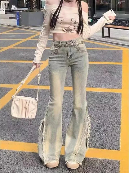 Women Vintage Blue Jeans High Waist American Retro 90s Raw Material Edge Design Y2k Denim Pants Streetwear Wide Leg Jeans