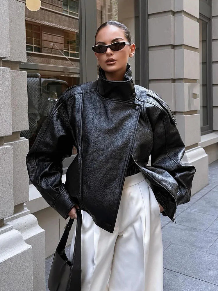 HH Women Autumn Elegant Street Style Coats Woman Asymmetric Button Pocket Long Sleeves Black Loose Zipper Slim Jackets