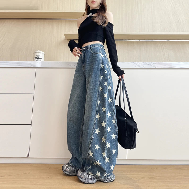 Korean Style Women's Loose Elastic Denim Pants Y2K American Retro Early Spring Fashion Wide Leg Jeans for Ladies