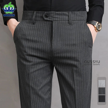 England Stripe Pattern Formal Dress Slim Fit Pants Men Summer Thin Light Gray Black Breathable Skinny Casual Trousers Male